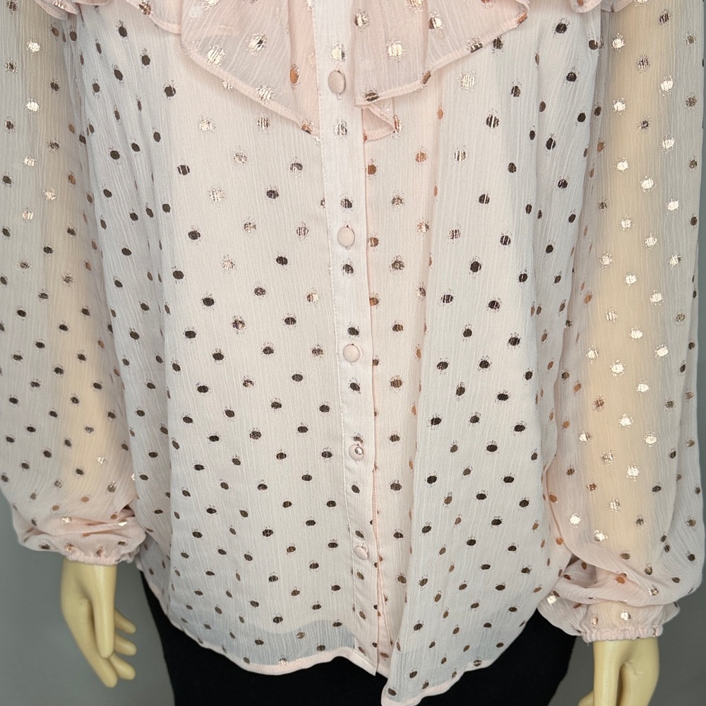 LC Lauren Conrad Blush Pink Metallic Polka Dot Ruffle Blouse Size Large - Picture 4 of 14